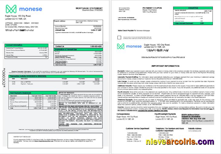 United Kingdom Monese bank mortgage statement 1-2